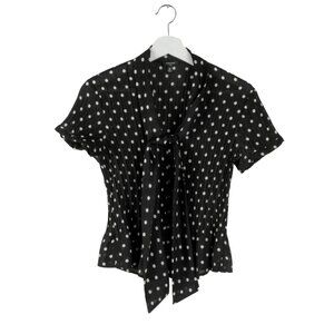 Nine West Blouse Polka Dot Top Tie Neck  Short Sleeve Black White 6P